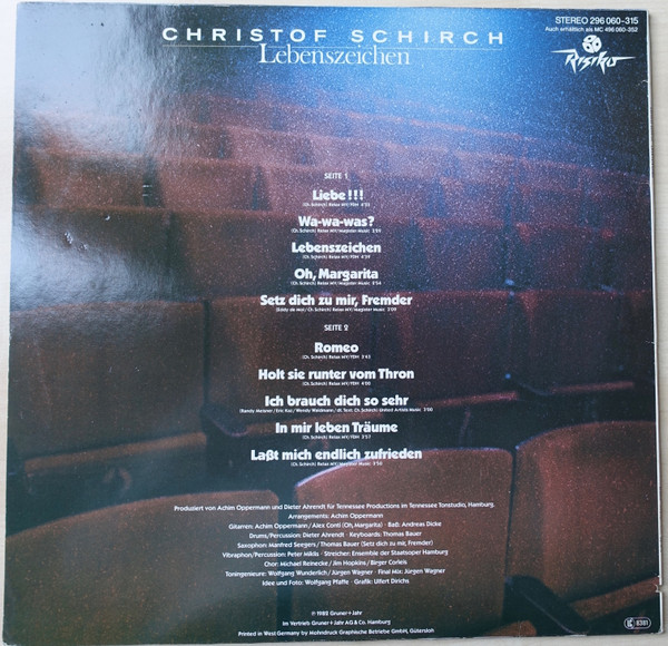 Cover zu Christof Schirch - Lebenszeichen | 1982 | Vinyl | Pop | Germany Schallplatten Ankauf