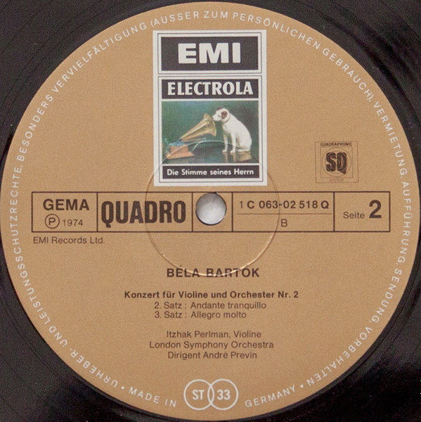 Cover zu Béla Bartók, Itzhak Perlman, London Symphony Orchestra, André Previn - Violinkonzert Nr. 2 | 1974 | Vinyl | Classical | Germany