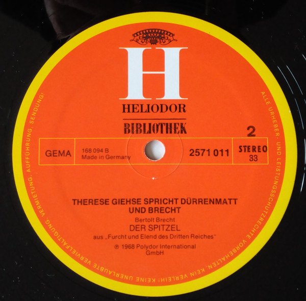 Cover zu Therese Giehse - Therese Giehse Spricht Dürrenmatt Und Brecht | 1975 | Vinyl | Non-Music | Germany Schallplatten Ankauf