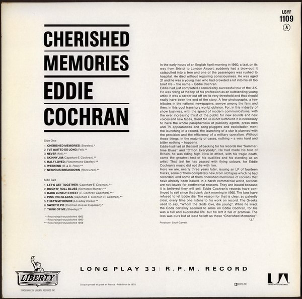 Cover zu Eddie Cochran - Cherished Memories | 1978 | Vinyl | Rock | France Schallplatten Ankauf