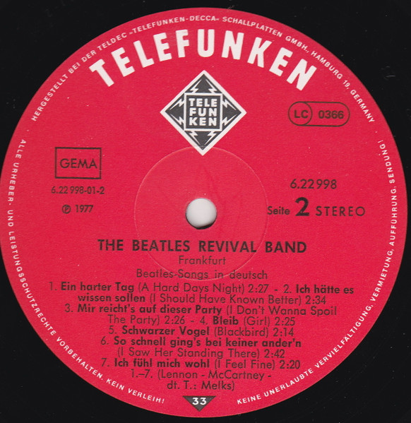 Cover zu The Beatles Revival Band - Beatles Songs In Deutsch | 1977 | Vinyl, LP, Album | Rock, Pop | Germany