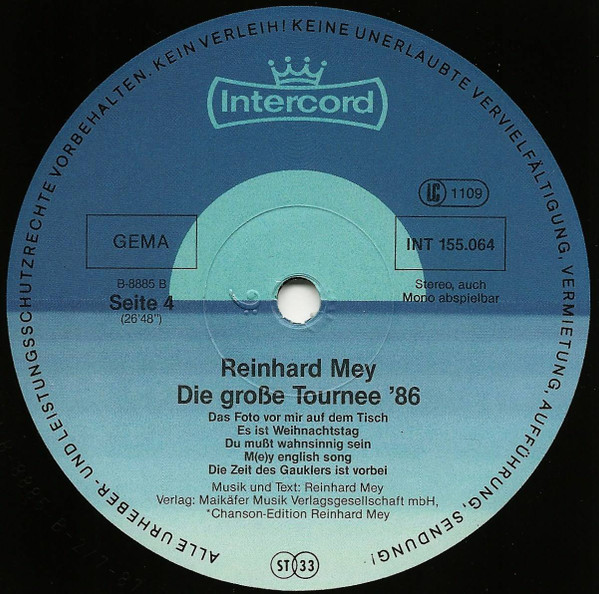 Cover zu Reinhard Mey - Die Große Tournee '86 | 1987 | Vinyl, LP, Album | Rock | Germany