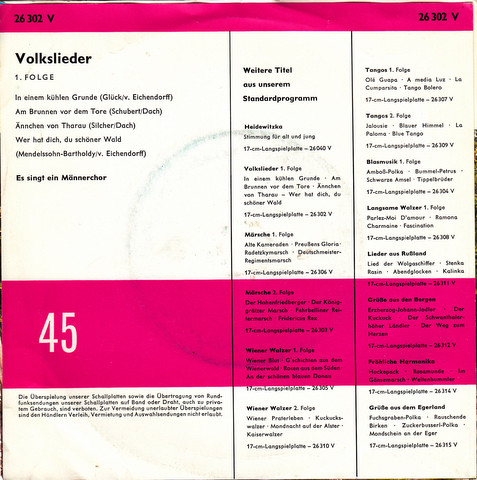 Cover zu Unknown Artist - Volkslieder - 1. Folge | Vinyl | Folk, World, & Country | Germany Schallplatten Ankauf