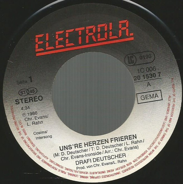 Cover zu Drafi Deutscher - Uns're Herzen Frieren | 1986 | Vinyl | Pop | Germany Schallplatten Ankauf