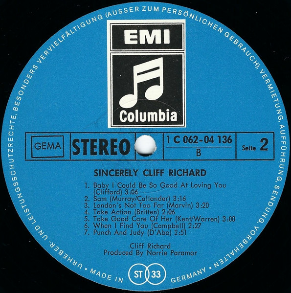 Cover zu Cliff Richard - Sincerely Cliff Richard | 1969 | Vinyl | Pop | Germany Schallplatten Ankauf