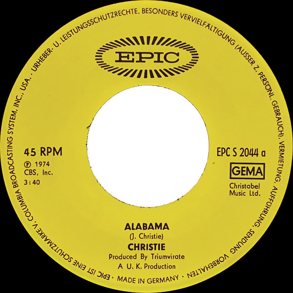 Cover zu Christie - Alabama | 1974 | Vinyl | Rock, Pop | Germany Schallplatten Ankauf