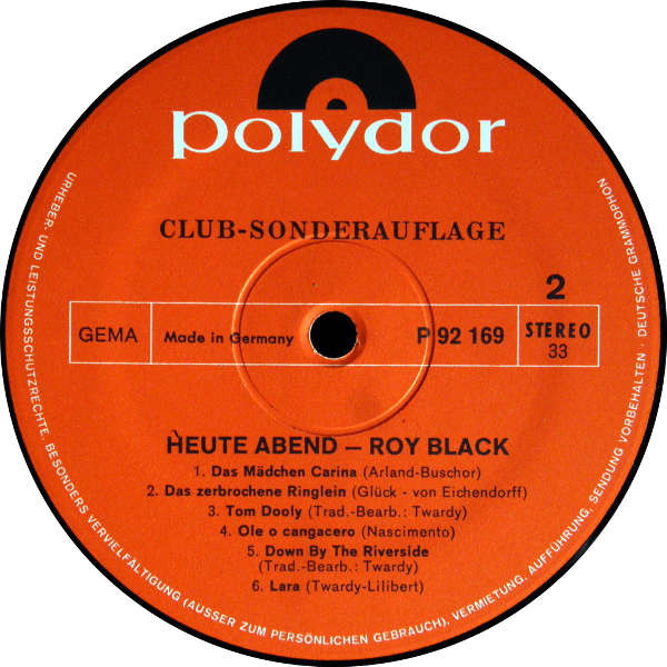 Cover zu Roy Black - Heute Abend - Roy Black - Live-Aufnahme Seiner Zweiten Großen Tournee | 1969 | Vinyl | Pop | Germany
