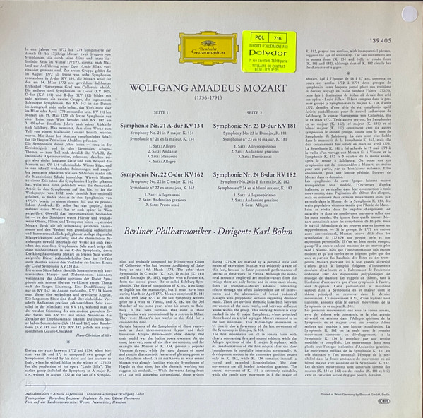 Cover zu Wolfgang Amadeus Mozart, Karl Böhm, Berliner Philharmoniker - Symphonien Nr. 21 A-Dur • Nr. 22 C-Dur • Nr. 23 D-Dur • Nr. 24 B-Dur | Vinyl | Classical | Germany Schallplatten Ankauf