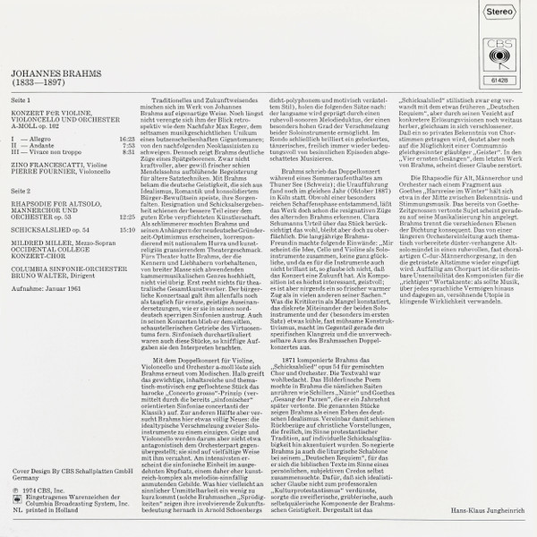 Cover zu Bruno Walter, Johannes Brahms, Columbia Symphony Orchestra - Bruno Walter Dirigiert Brahms | 1974 | Vinyl | Classical | Germany
