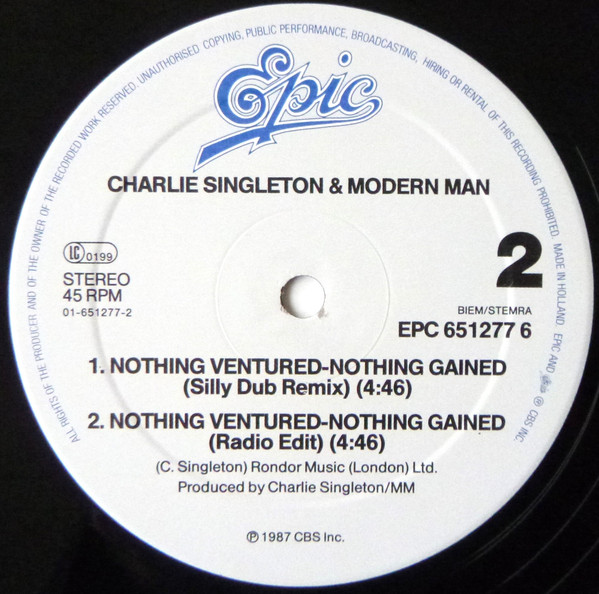Cover zu Charlie Singleton & Modern Man (2) - Nothing Ventured-Nothing Gained (Silly Dance Remix) | 1987 | Vinyl | Electronic, Funk / Soul | Europe