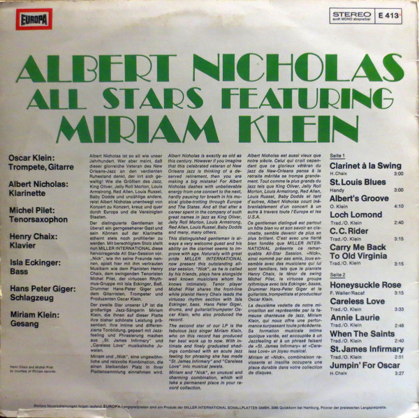 Cover zu Albert Nicholas Featuring Miriam Klein - Albert Nicholas Featuring Miriam Klein | 1970 | Vinyl | Jazz | Germany Schallplatten Ankauf