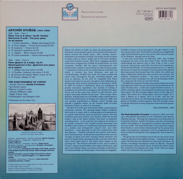 Cover zu Antonín Dvořák - The Nash Ensemble - Piano Quintet · Klavierquintett / Piano Trio · Klaviertrio ‘Dumky’ | 1989 | Vinyl | Classical | Germany