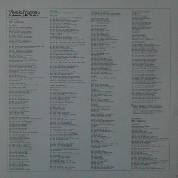 Cover zu Various - Vive La France 5 Frankreichs Große Chansons | 1982 | Vinyl | Pop | Germany