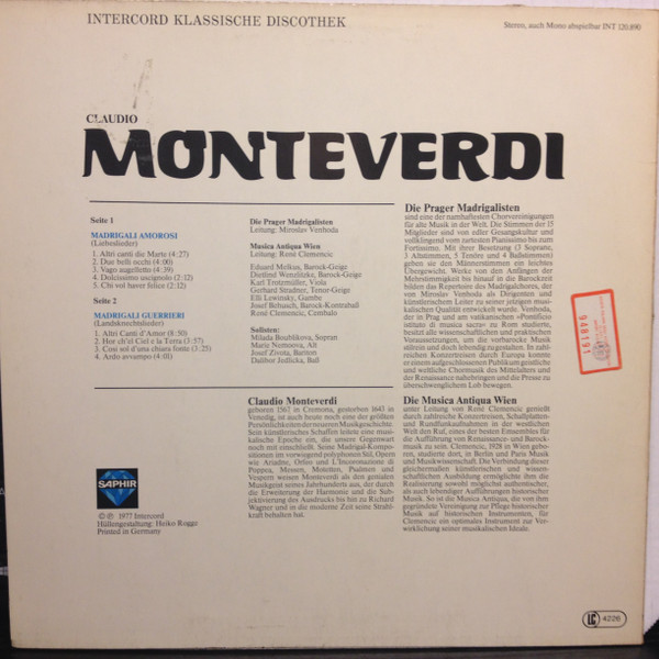 Cover zu Claudio Monteverdi – Prague Madrigal Singers, Musica Antiqua Wien - Madrigali Amorosi / Madrigali Guerrieri | 1977 | Vinyl | Classical | Germany Schallplatten Ankauf