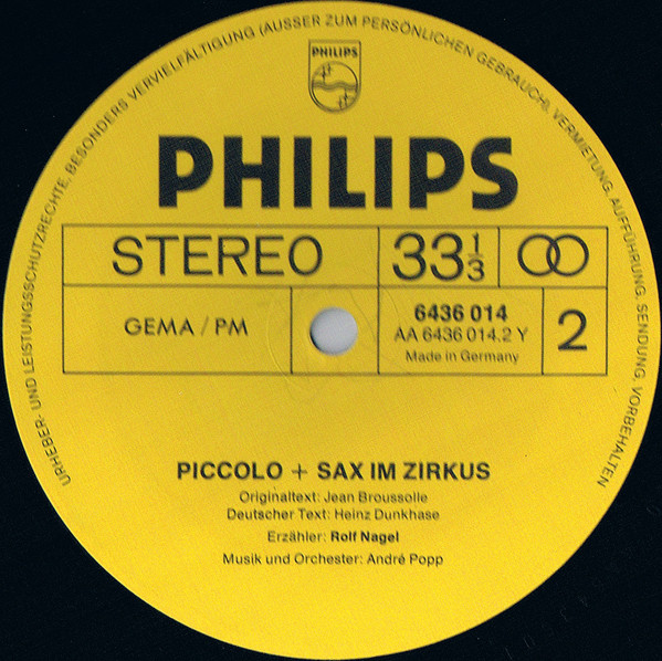 Cover zu André Popp - Piccolo + Sax Im Zirkus | Vinyl | Non-Music, Children's | Germany