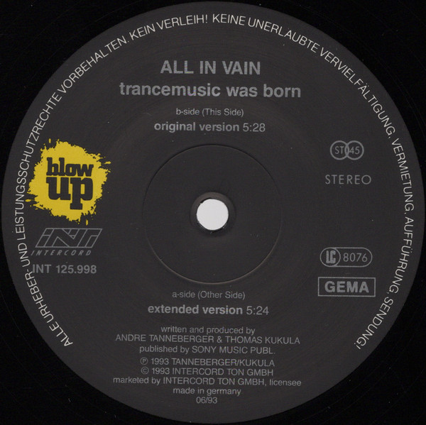 Cover zu All In Vain - Trance Music Was Born | 1993 | Vinyl | Electronic | Germany Schallplatten Ankauf