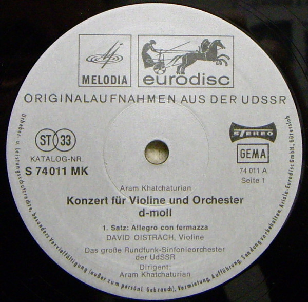 Cover zu Aram Khatchaturian, David Oistrach, Большой Симфонический Оркестр Всесоюзного Радио - Konzert Für Violine Und Orchester D-Moll | Vinyl | Classical | Germany