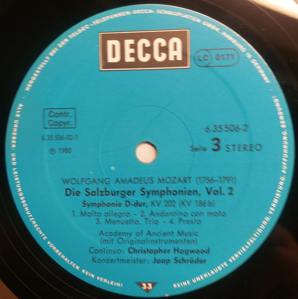 Cover zu Wolfgang Amadeus Mozart - The Academy Of Ancient Music • Christopher Hogwood • Jaap Schröder - Die Salzburger Symphonien • Vol. 2 | 1980 | Vinyl | Classical | Germany Schallplatten Ankauf