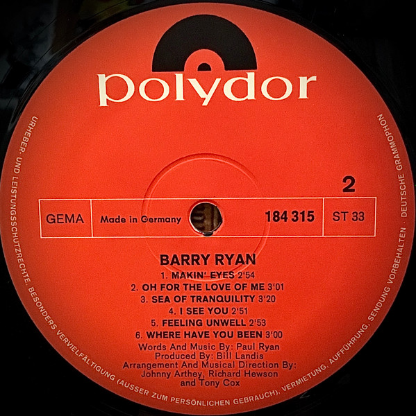 Cover zu Barry Ryan - Barry Ryan | 1969 | Vinyl | Rock, Pop | Germany