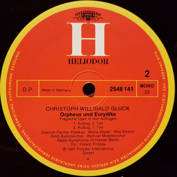 Cover zu Christoph Willibald Gluck - Dietrich Fischer-Dieskau, Maria Stader, Rita Streich, Radio-Symphonie-Orchester Berlin, Ferenc Fricsay - Orpheus Und Eurydike | Vinyl | Classical | Germany
