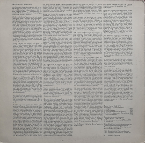 Cover zu Bruno Walter Dirigiert Gustav Mahler, Columbia Symphony Orchestra - Sinfonie Nr.1 In D-Dur (Der Titan) | Vinyl | Classical | Germany