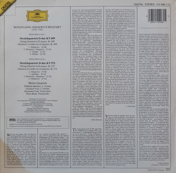 Cover zu Wolfgang Amadeus Mozart, Melos Quartett - Streichquartette = String Quartets KV 499 · KV 575 | 1984 | Vinyl | Classical | Germany Schallplatten Ankauf