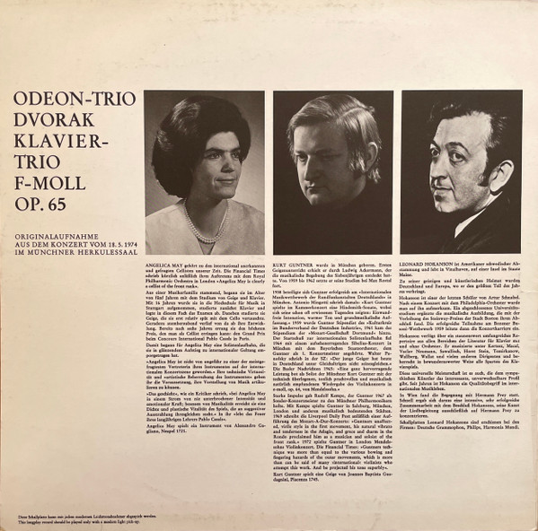 Cover zu Antonín Dvořák - Odeon Trio - Kurt Guntner - Angelica May - Leonard Hokanson - Klaviertrio F-Moll OP. 65 | 1974 | Vinyl | Classical | Germany