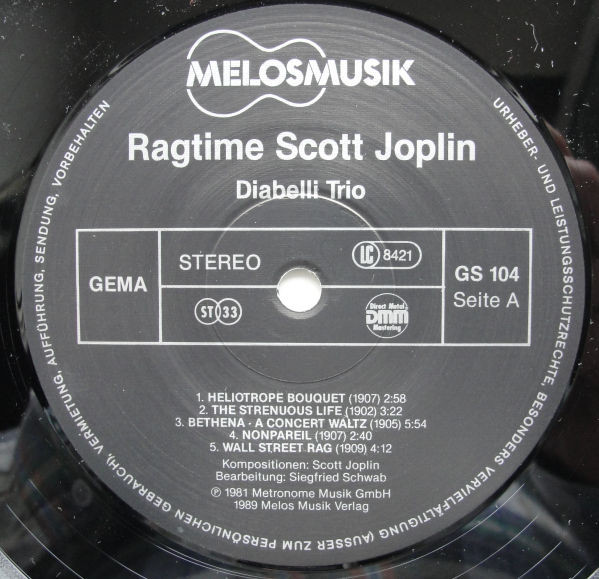 Cover zu Diabelli Trio - Ragtime Scott Joplin | 1989 | Vinyl | Jazz, Blues | Germany Schallplatten Ankauf