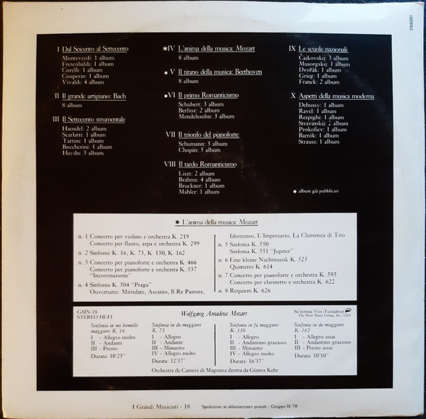 Cover zu Wolfgang Amadeus Mozart, Mainzer Kammerorchester, Günter Kehr - Sinfonie K.16, K.17, K.130, K.162 | 1981 | Vinyl | Classical | Italy Schallplatten Ankauf