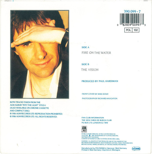 Cover zu Chris de Burgh - Fire On The Water | 1986 | Vinyl, Stereo, 45 RPM, 7