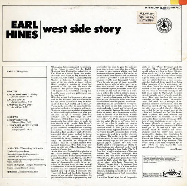 Cover zu Earl Hines - West Side Story | 1976 | Vinyl | Jazz | Germany Schallplatten Ankauf
