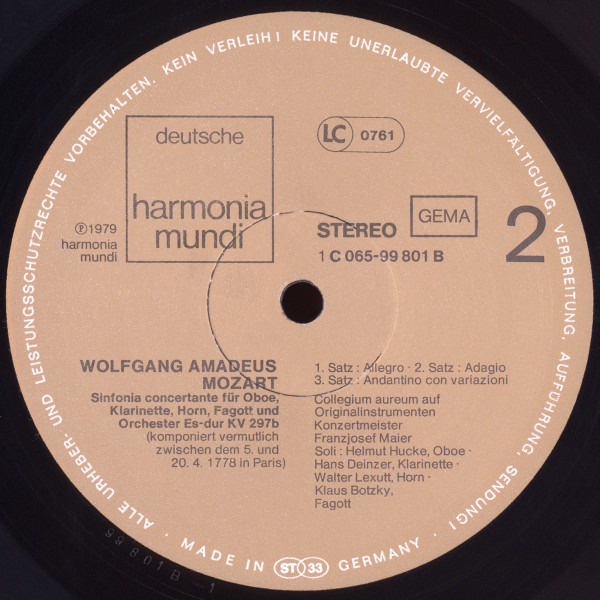 Cover zu Wolfgang Amadeus Mozart – Collegium Aureum, Franzjosef Maier - Konzertante Sinfonien KV364 und KV297b | 1979 | Vinyl | Classical | Germany