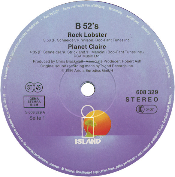 Cover zu The B-52's - Rock Lobster | 1986 | Vinyl | Rock | Europe