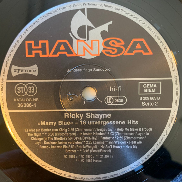 Cover zu Ricky Shayne - Mamy Blue - 16 Unvergessene Hits | 1989 | Vinyl | Pop | Europe Schallplatten Ankauf