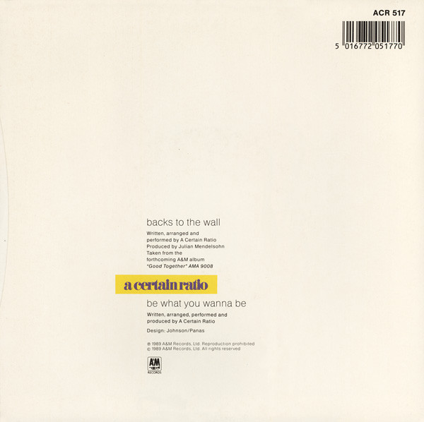 Cover zu A Certain Ratio - Backs To The Wall | 1989 | Vinyl | Electronic | UK Schallplatten Ankauf