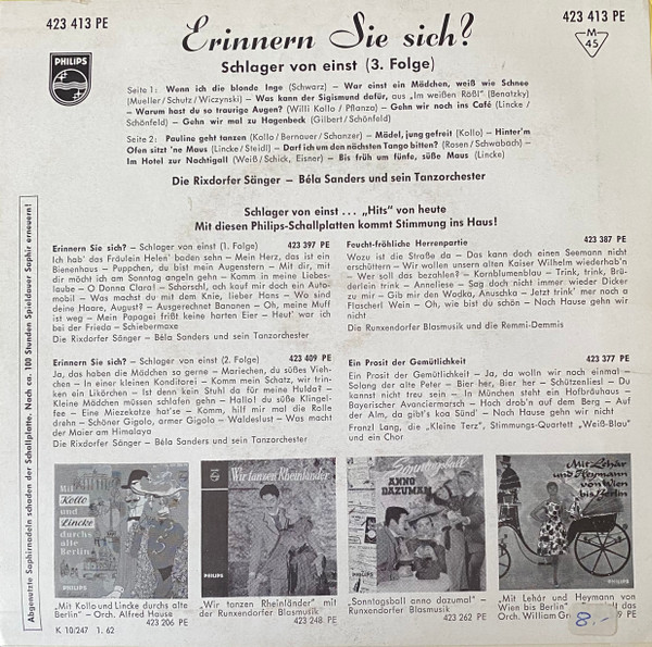 Cover zu Die Rixdorfer Sänger - Orchester Béla Sanders - Erinnern Sie Sich? Schlager Von Einst - 3. Folge | 1962 | Vinyl | Pop | Germany