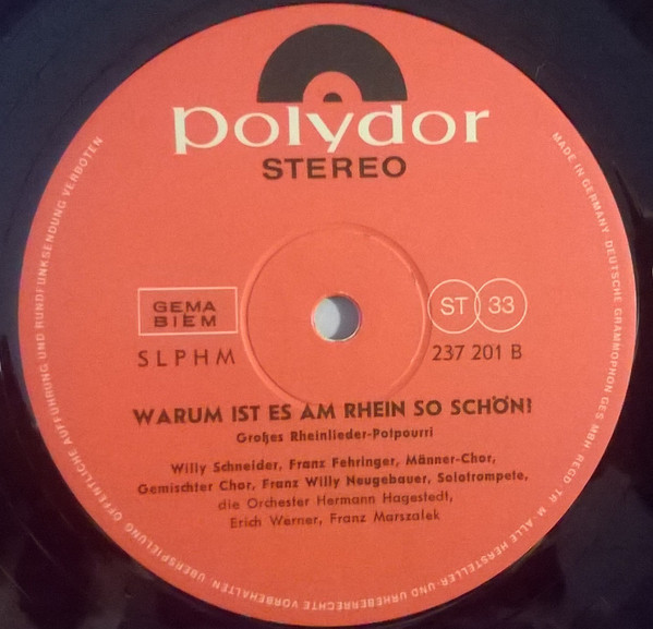 Cover zu Willy Schneider, Willy Hofmann, Franz Fehringer, Franz Willy Neugebauer - Warum ist es am Rhein so schön? - Großes Rheinlieder-Potpourri | 1965 | Vinyl | Pop, Folk, World, & Country