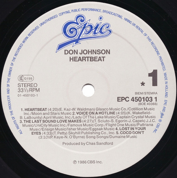 Cover zu Don Johnson - Heartbeat | 1986 | Vinyl | Rock, Pop | Europe