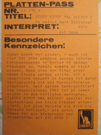 Cover zu Vic Dana - Jeder Kommt Mal Wieder | 1969 | Vinyl | Pop | Germany Schallplatten Ankauf