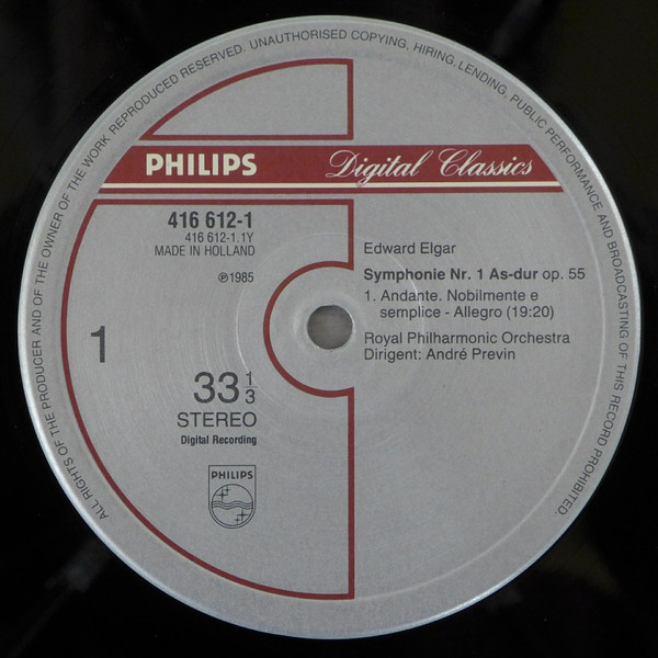 Cover zu Sir Edward Elgar, Royal Philharmonic Orchestra, André Previn - Symphony No.1 | 1985 | Vinyl, LP, Stereo | Classical | Netherlands Schallplatten Ankauf