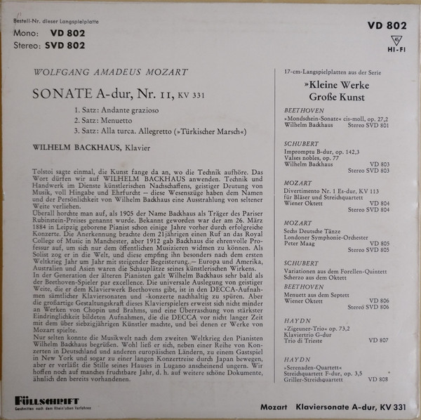 Cover zu Wolfgang Amadeus Mozart, Wilhelm Backhaus - Klaviersonate In A-dur, Kv 331 Mit Dem »Türkischen Marsch« | Vinyl | Classical | Germany Schallplatten Ankauf