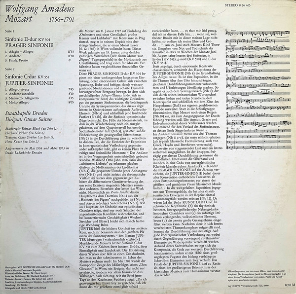 Cover zu Wolfgang Amadeus Mozart - Staatskapelle Dresden & Otmar Suitner - Sinfonie D-dur KV 504 (Prager Sinfonie) / Sinfonie C-dur KV 551 (Jupiter-Sinfonie) | 1978 | Vinyl | Classical