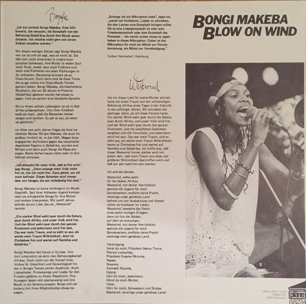 Cover zu Bongi Makeba - Blow On Wind | 1980 | LP, Album | Jazz, Rock, Funk / Soul, Folk, World, & Country | Germany