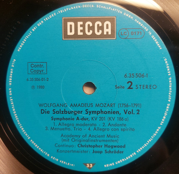 Cover zu Wolfgang Amadeus Mozart - The Academy Of Ancient Music • Christopher Hogwood • Jaap Schröder - Die Salzburger Symphonien • Vol. 2 | 1980 | Vinyl | Classical | Germany