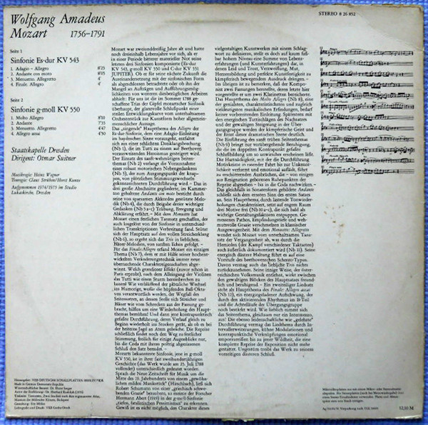 Cover zu Wolfgang Amadeus Mozart, Staatskapelle Dresden, Otmar Suitner - Sinfonie Es-dur KV 543 / Sinfonie G-moll KV 550 | 1977 | Vinyl | Classical | German Democratic Republic (GDR) Schallplatten Ankauf