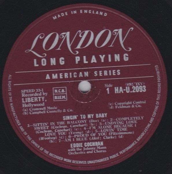 Cover zu Eddie Cochran With The Johnny Mann Orchestra And Chorus - Singin' To My Baby | 1958 | Vinyl | Rock | UK