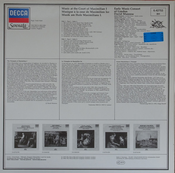 Cover zu David Munrow, The Early Music Consort Of London - Music At The Court Of Maximilians I. | 1982 | Vinyl | Classical | Germany Schallplatten Ankauf