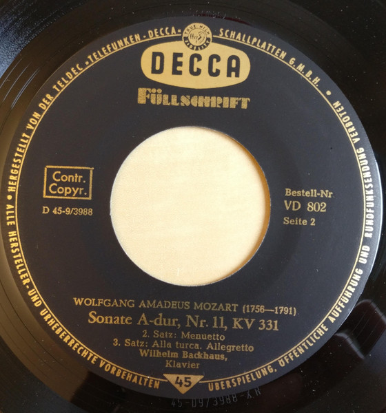 Cover zu Wolfgang Amadeus Mozart, Wilhelm Backhaus - Klaviersonate In A-dur, Kv 331 Mit Dem »Türkischen Marsch« | Vinyl | Classical | Germany