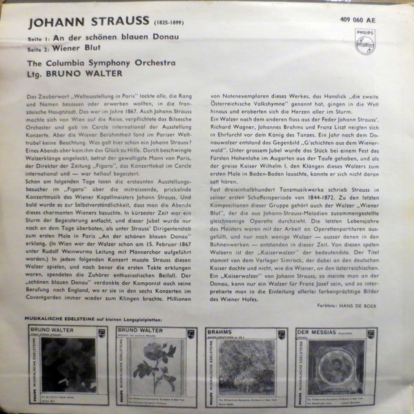 Cover zu Bruno Walter Dirigiert Johann Strauss Jr. - An Der Schönen Blauen Donau / Wiener Blut | 1958 | Vinyl | Classical | Germany Schallplatten Ankauf
