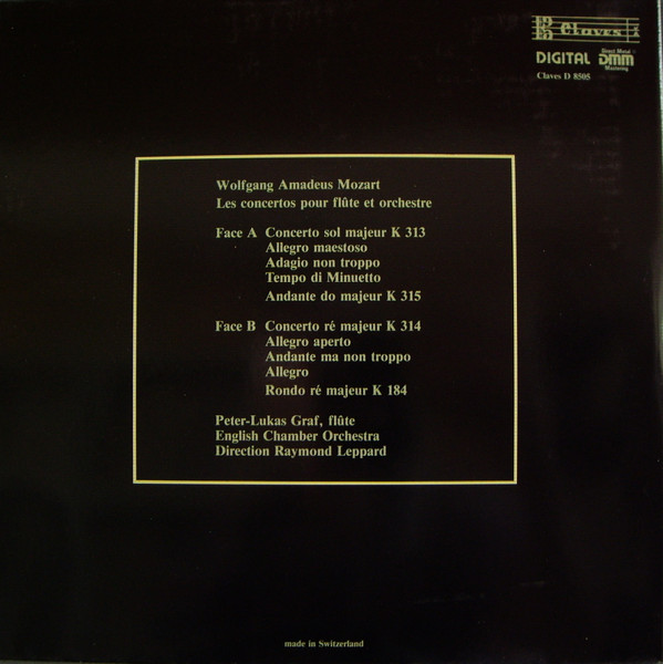 Cover zu Wolfgang Amadeus Mozart, Peter-Lukas Graf, English Chamber Orchestra, Raymond Leppard - Flötenkonzerte | 1985 | Vinyl | Classical | Switzerland